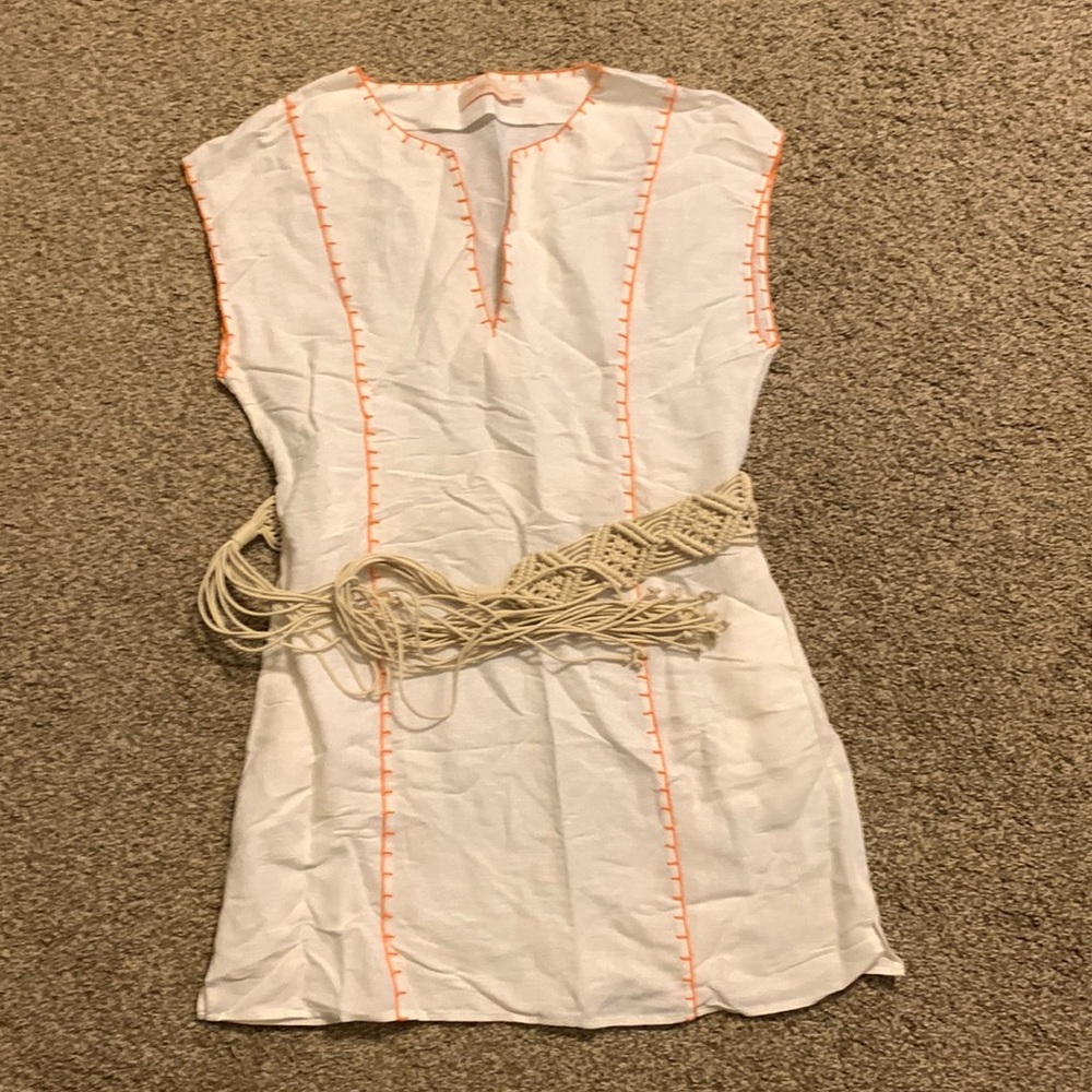 MWT Tory Burch Short Tunic W Handmade Macrame Belt Orange Contrast Stitch XS